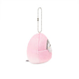 Officially licensed Spiralcute Koupen Chan fluffy and cute grey penguin plush keychain wearing a soft pink peach costume with a winking expression hanging with a silver ball chain, perfect for kidult bag charms and kawaii aesthetic backpack accessories.