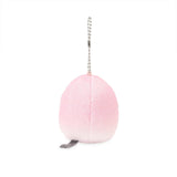 Officially licensed Spiralcute Koupen Chan fluffy and cute grey penguin plush keychain wearing a soft pink peach costume with a winking expression hanging with a silver ball chain, perfect for kidult bag charms and kawaii aesthetic backpack accessories.