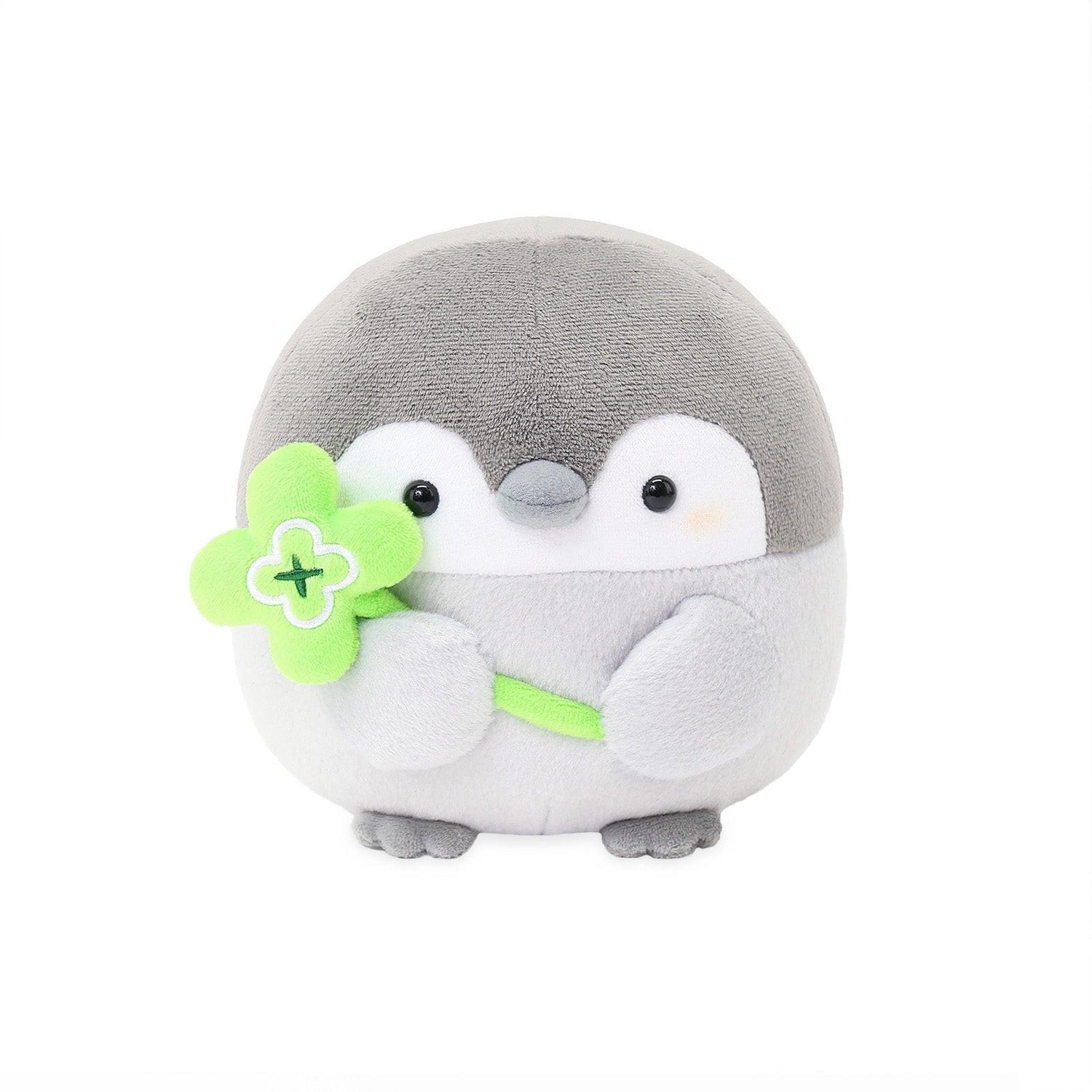 Officially licensed Spiralcute Koupen Chan Clover Wand Plush; an authentic Japanese positive penguin mascot holding a green four-leaf clover. Premium high-quality stuffed toy for dedicated Sanrio and Koupen Chan collectors.