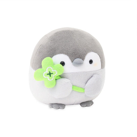 Lucky charm Koupen Chan penguin plush with a four-leaf clover wand. A perfect "good luck" gift for new job celebrations, exam encouragement, and birthday surprises. Symbolic emotional support plushie for loved ones. Official Spiralcute.