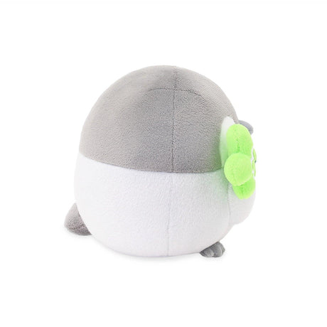 Minimalist office-core deskterior Koupen Chan plush; featuring a grey baby penguin with a clover wand. A cute workplace healing accessory and mental wellness tool for adult collectors seeking a cozy, aesthetic desk setup. Official Spiralcute.
