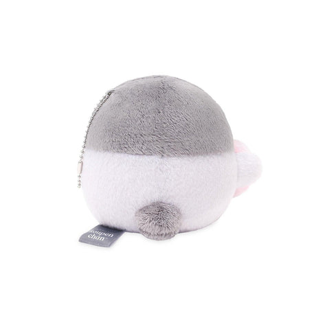 Multi-purpose Koupen Chan mascot keychain with heart; designed to clip onto tote bags, backpacks, or sets of keys. Made with soft premium fabric and a sturdy silver chain for secure attachment. An ideal portable mental wellness tool for on-the-go healing.