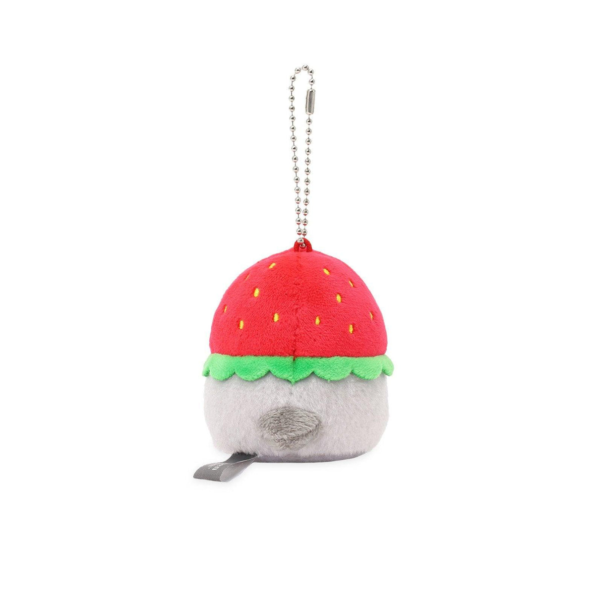 Officially licensed Spiralcute Koupen Chan cute grey penguin plush keychain wearing a red strawberry hood with a small white flower detail and a silver ball chain, perfect for kidult bag charms and kawaii aesthetic backpack accessories.