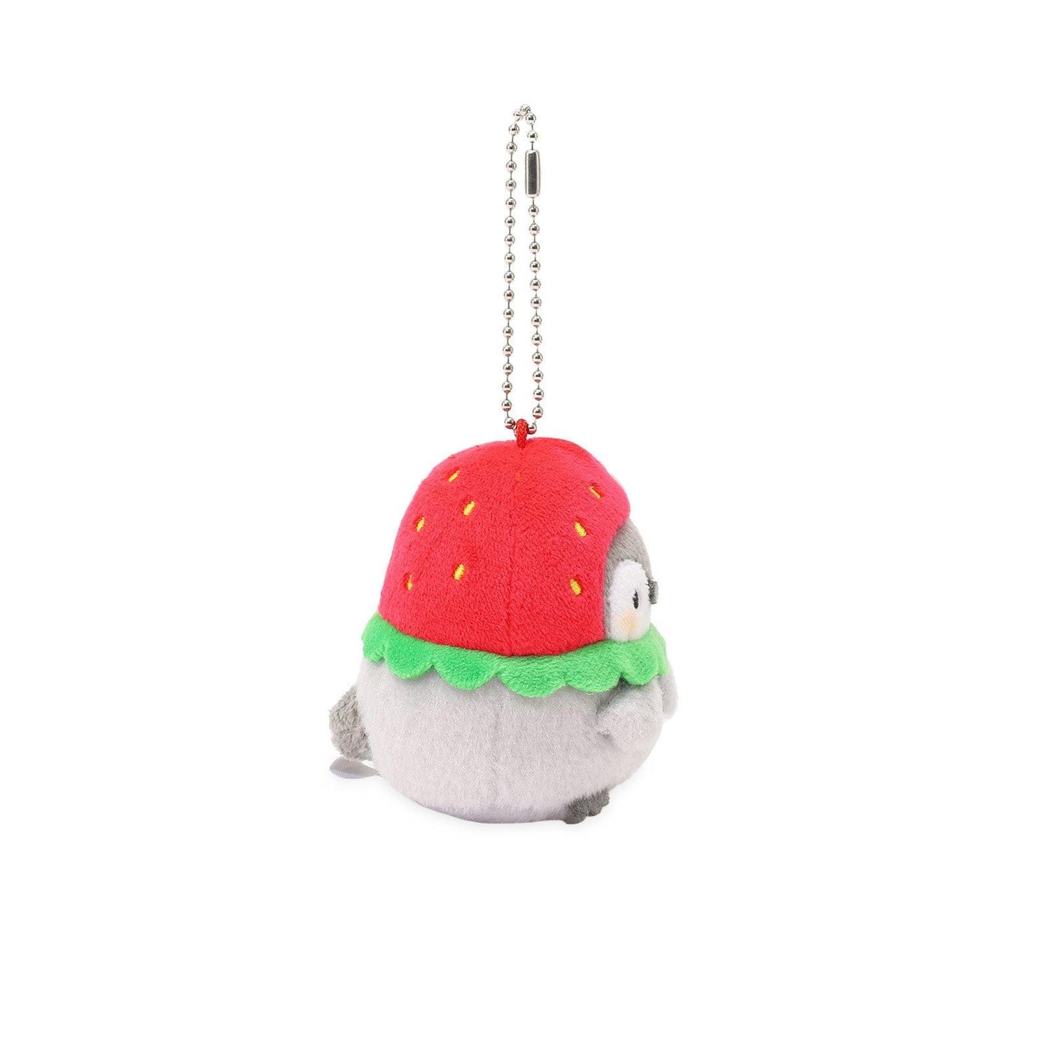 Officially licensed Spiralcute Koupen Chan cute grey penguin plush keychain wearing a red strawberry hood with a small white flower detail and a silver ball chain, perfect for kidult bag charms and kawaii aesthetic backpack accessories.