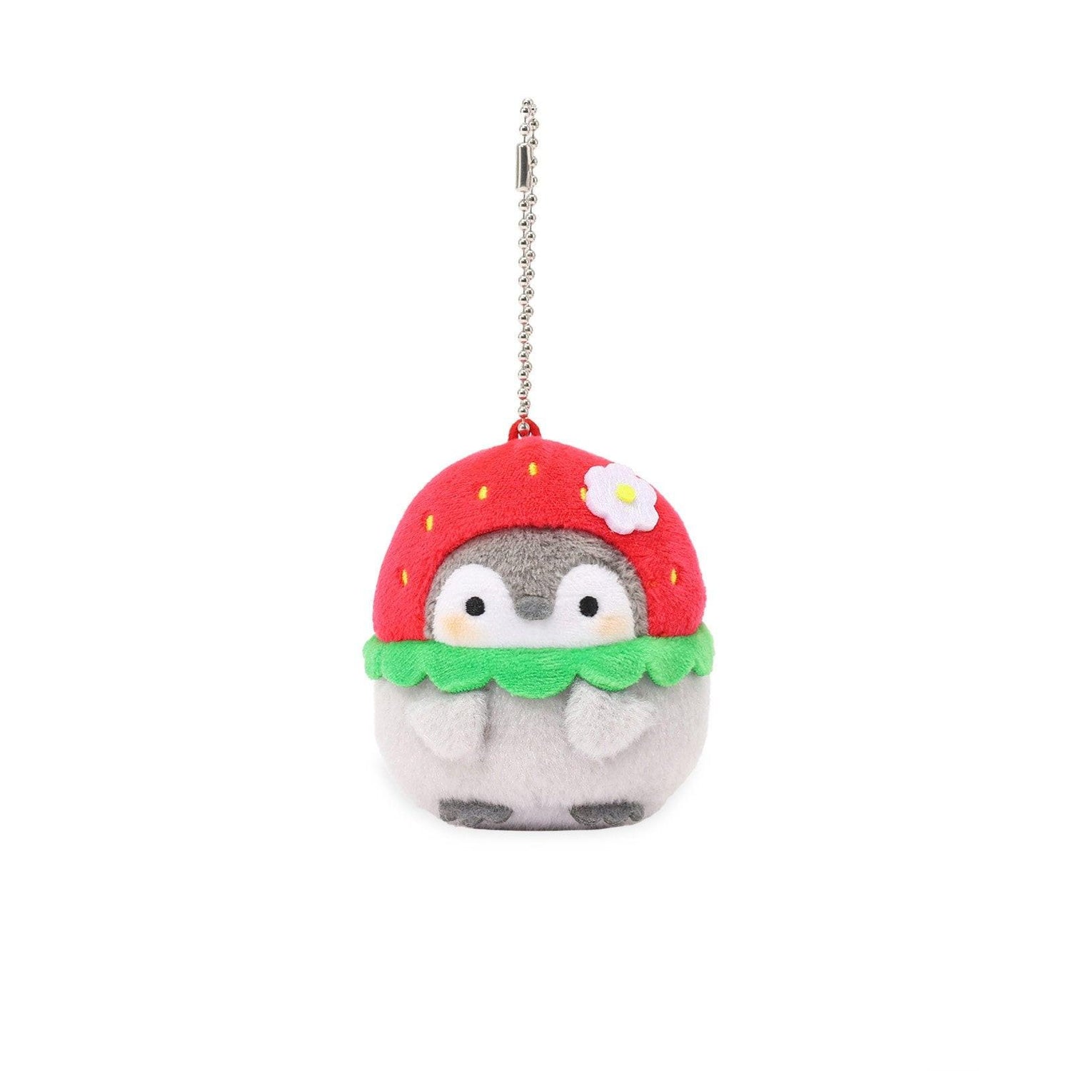 Officially licensed Spiralcute Koupen Chan cute grey penguin plush keychain wearing a red strawberry hood with a small white flower detail and a silver ball chain, perfect for kidult bag charms and kawaii aesthetic backpack accessories.
