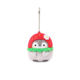 Officially licensed Spiralcute Koupen Chan cute grey penguin plush keychain wearing a red strawberry hood with a small white flower detail and a silver ball chain, perfect for kidult bag charms and kawaii aesthetic backpack accessories.