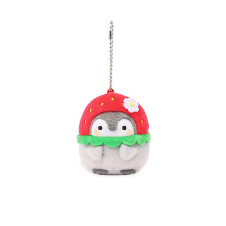 Officially licensed Spiralcute Koupen Chan cute grey penguin plush keychain wearing a red strawberry hood with a small white flower detail and a silver ball chain, perfect for kidult bag charms and kawaii aesthetic backpack accessories.