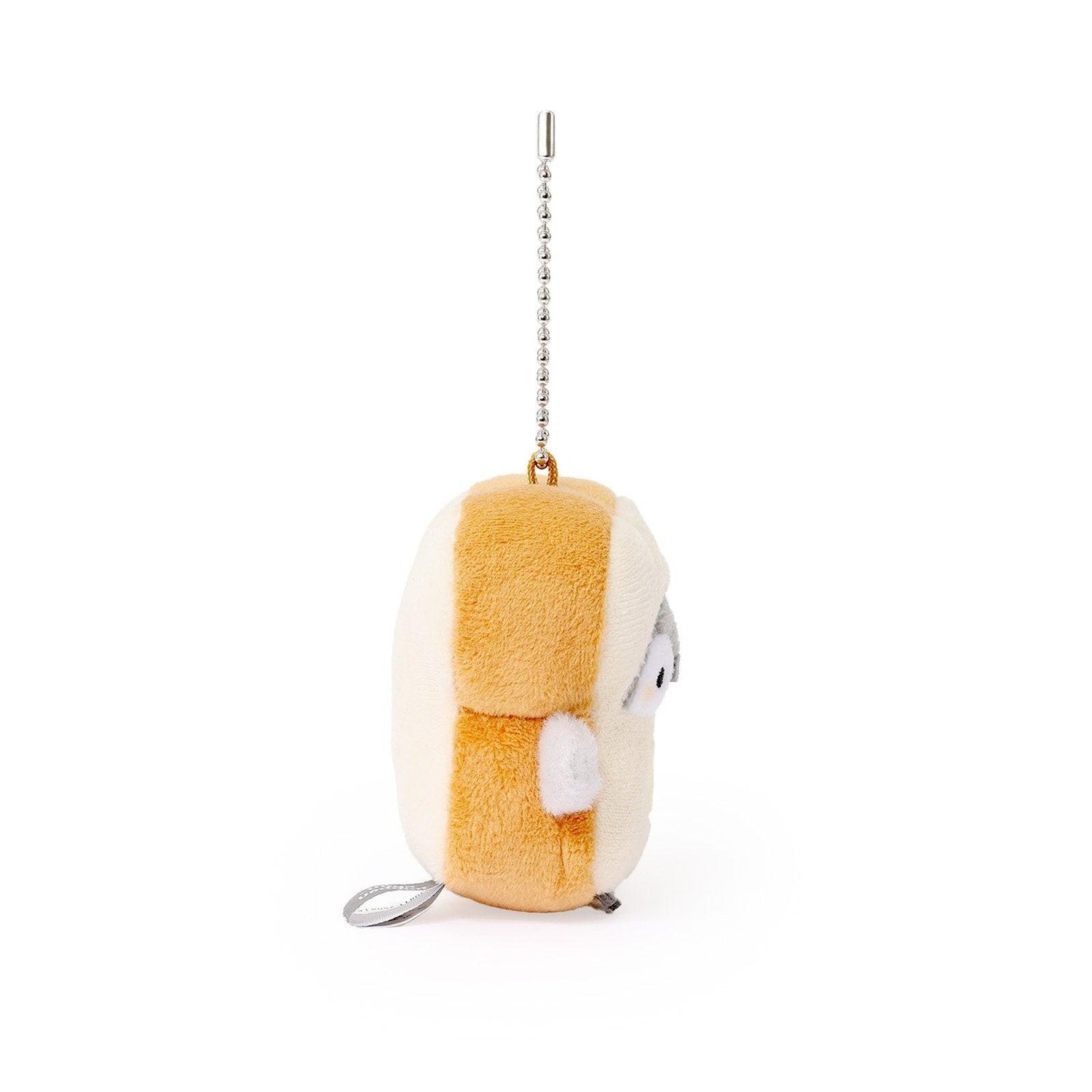 Officially licensed Spiralcute Koupen Chan Baker Costume Plush Mascot Keychain featuring a soft grey penguin embedded in a soft slice of bread with a yellow butter square detail, attached to a sturdy silver ball chain, perfect for kidult bag charms and kawaii aesthetic backpack accessories.