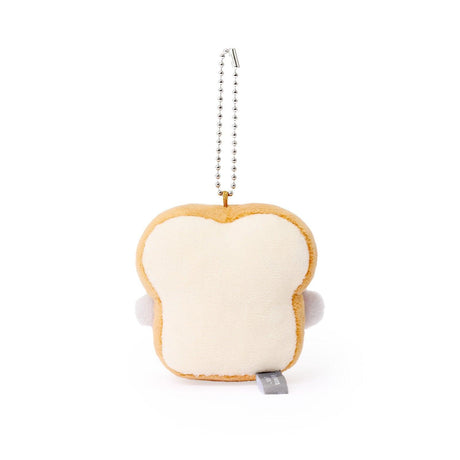 Officially licensed Spiralcute Koupen Chan Baker Costume Plush Mascot Keychain featuring a soft grey penguin embedded in a soft slice of bread with a yellow butter square detail, attached to a sturdy silver ball chain, perfect for kidult bag charms and kawaii aesthetic backpack accessories.