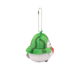 Officially licensed Spiralcute Koupen Chan fluffy and cute grey penguin plush keychain wearing a striped watermelon hat and holding a small piece of watermelon with a silver ball chain, perfect for kidult bag charms and kawaii aesthetic backpack accessories.