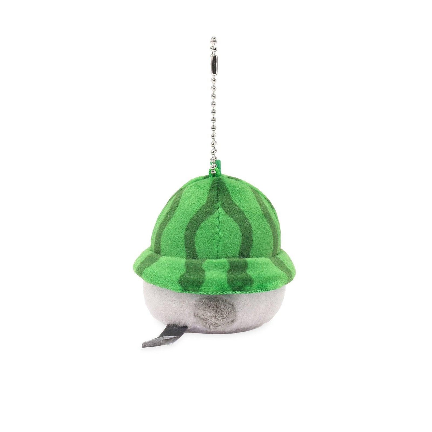 Officially licensed Spiralcute Koupen Chan fluffy and cute grey penguin plush keychain wearing a striped watermelon hat and holding a small piece of watermelon with a silver ball chain, perfect for kidult bag charms and kawaii aesthetic backpack accessories.