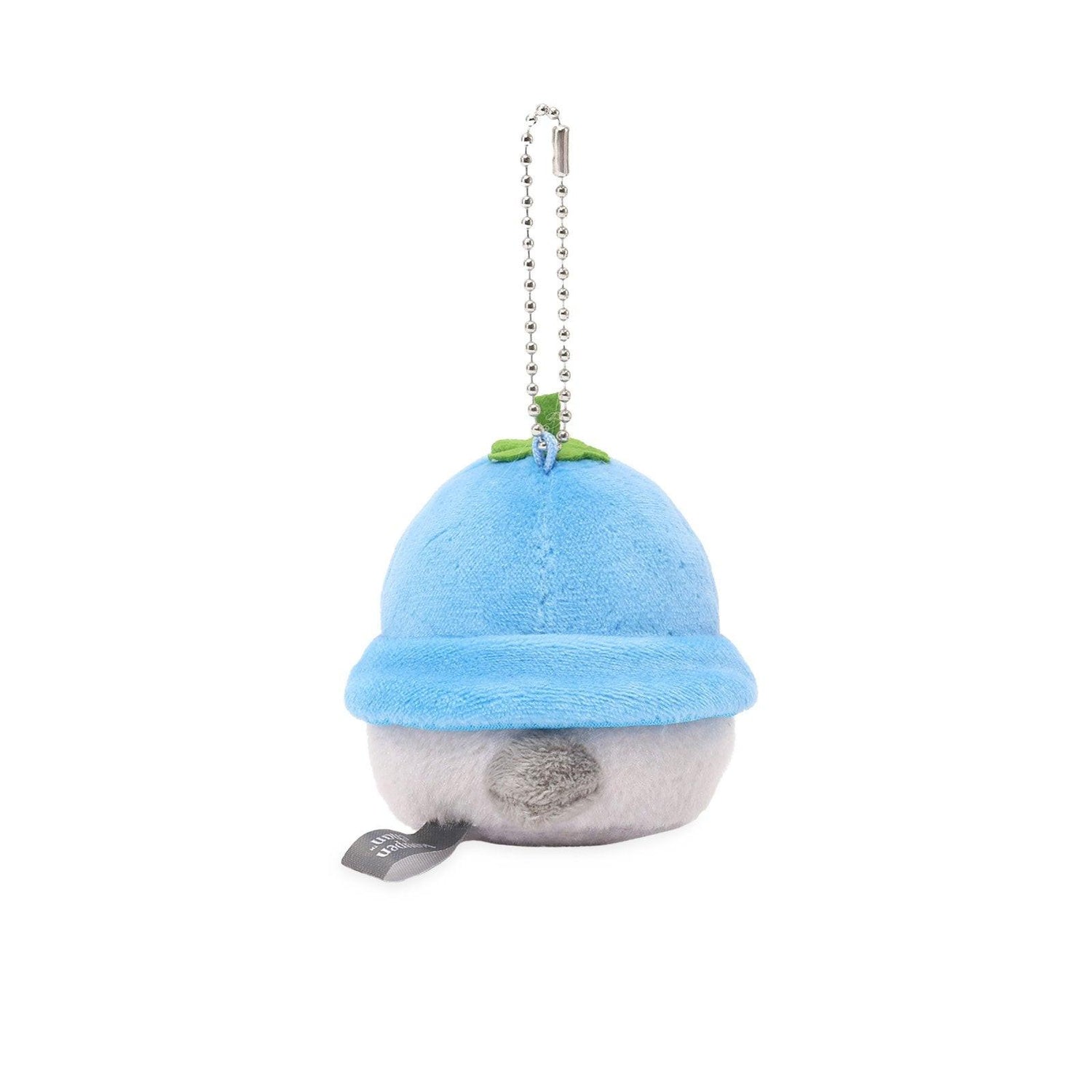 Officially licensed Spiralcute Koupen Chan fluffy and cute grey penguin plush keychain wearing a blueberry hat and holding a small blueberry with a silver ball chain, perfect for kidult bag charms and kawaii aesthetic backpack accessories.