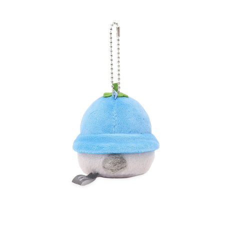 Official Spiralcute Koupen Chan Blueberry Costume Plush Mascot Keychain featuring a soft grey penguin in a pastel blue blueberry hood while holding a small blueberry fruit, attached to a sturdy silver ball chain for bags and backpacks to serve as a comforting workplace healing companion and emotional support tool for adult kidult collectors.