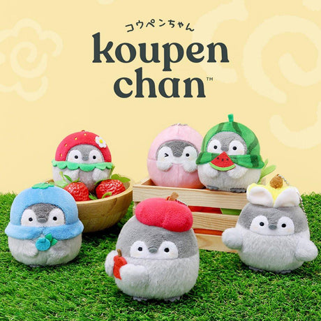 Official Spiralcute Koupen Chan Fruit Mascot Keychain Collection fruit series: watermelon, strawberry, banana, blueberry, apple, and pink peach designs. Kawaii Koupen Chan fruit plush keychains. Ideal for Y2K nostalgic styling, office-core deskterior, and creative gift hampers. High-quality character goods for adult collectors seeking a mindful, cozy, and colorful healing environment.