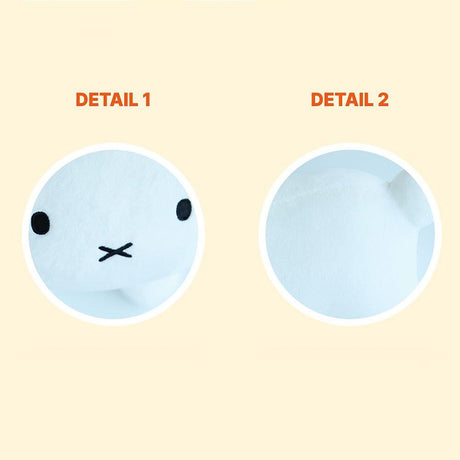 Close-up details of the authentic white Miffy plush showing the high-quality minimalist embroidery and premium soft fabric texture; a durable and aesthetically pleasing collector's item designed for tactile comfort and minimalist Zen home decor.