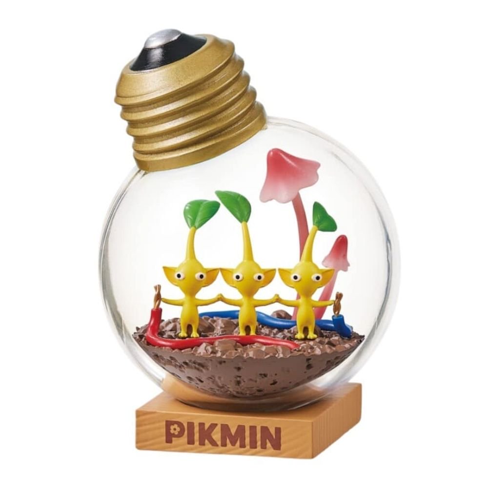 Officially licensed Re-Ment Pikmin Terrarium Collection Figure featuring three Yellow Pikmin. They are in a clear light bulb container with a golden metal cap base, sitting on a soil base with various pink-capped miniature mushroom plants