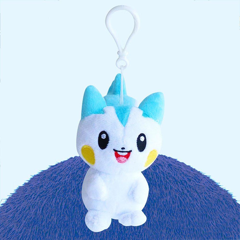 Official Pokémon Pachirisu Clip-On Plush Keychain featuring a convenient white bag clip for backpacks. This authentic mini stuffed animal with light blue ears and a fluffy tail is a top-rated birthday gift for kids and elementary school students. A high-quality Pokémon toy perfect as a cute school bag accessory or children's bedroom decor for young fans