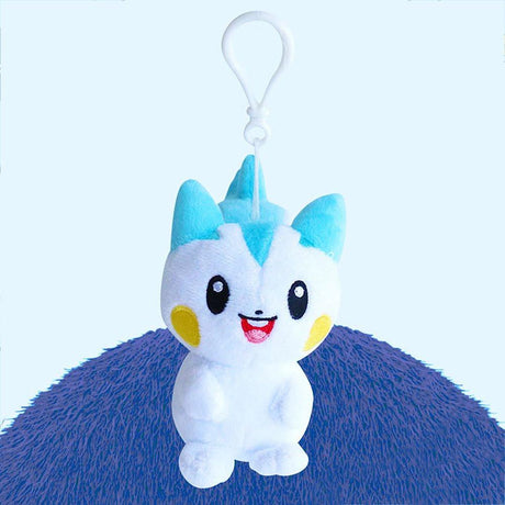 Official Pokémon Pachirisu Clip-On Plush Keychain featuring a convenient white bag clip for backpacks. This authentic mini stuffed animal with light blue ears and a fluffy tail is a top-rated birthday gift for kids and elementary school students. A high-quality Pokémon toy perfect as a cute school bag accessory or children's bedroom decor for young fans