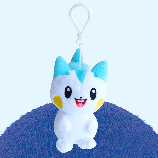 Official Pokémon Pachirisu Clip-On Plush Keychain featuring a convenient white bag clip for backpacks. This authentic mini stuffed animal with light blue ears and a fluffy tail is a top-rated birthday gift for kids and elementary school students. A high-quality Pokémon toy perfect as a cute school bag accessory or children's bedroom decor for young fans