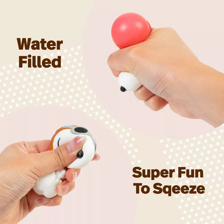 Officially licensed Peanuts Snoopy and Woodstock Squishu water-filled squishy figures in various poses displayed alongside a red surprise capsule