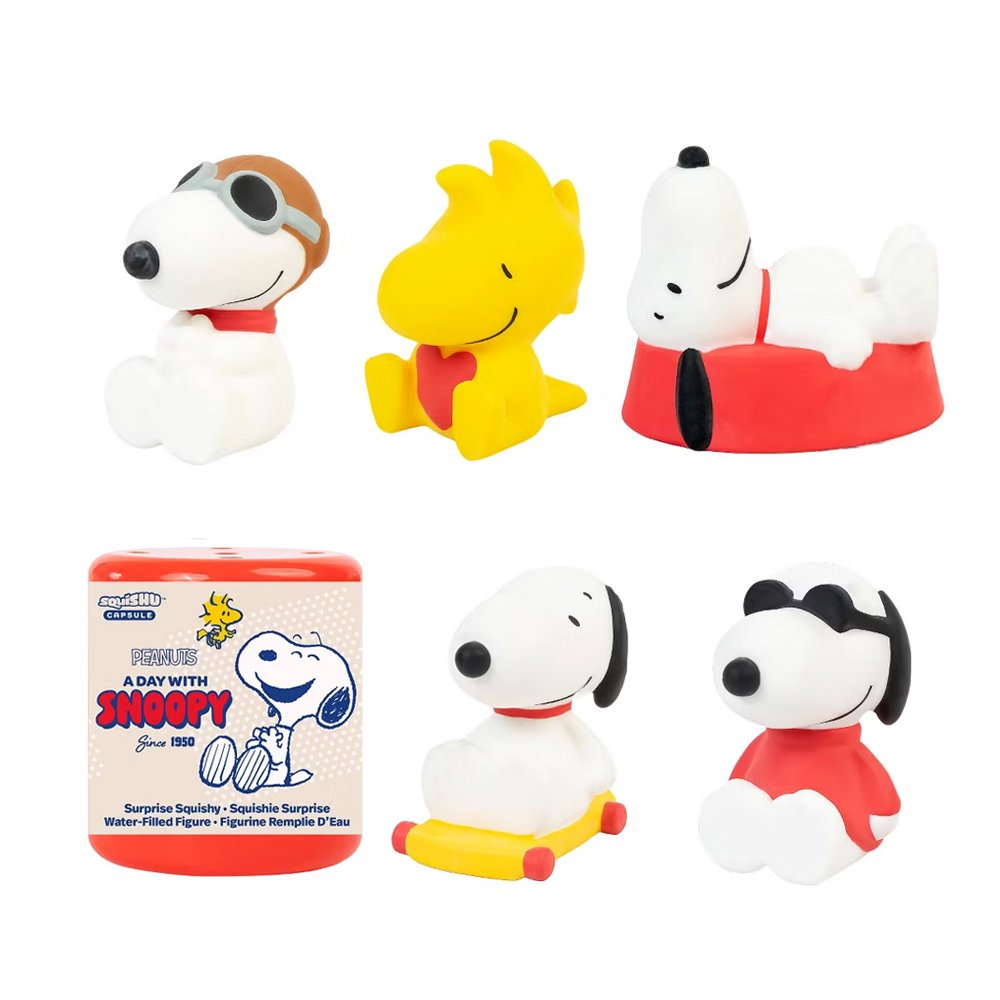 Officially licensed Peanuts Snoopy and Woodstock Squishu water-filled squishy figures in various poses displayed alongside a red surprise capsule