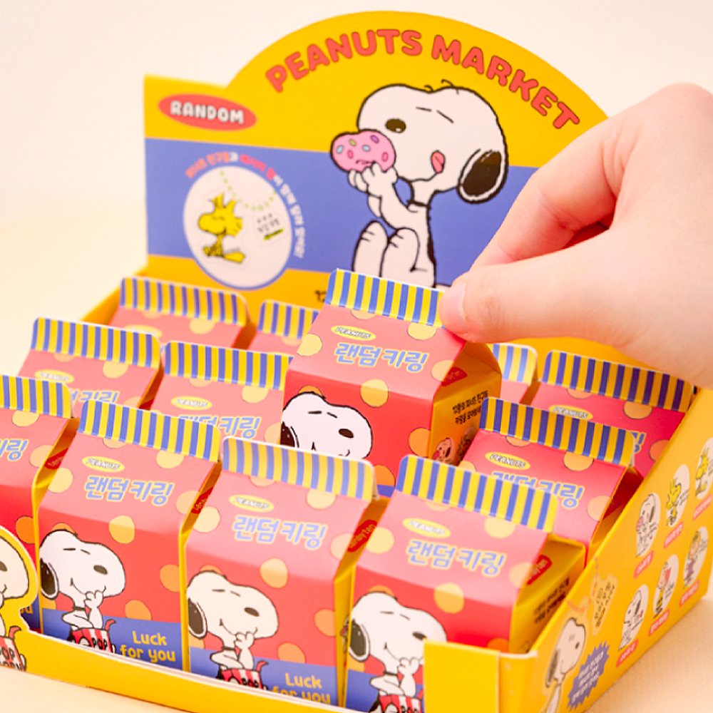A collection of 12 different Peanuts character acrylic keychains in "Luck For You" blind boxes. The keychains feature Snoopy, Woodstock, Charlie Brown, Lucy, Linus, and Sally.