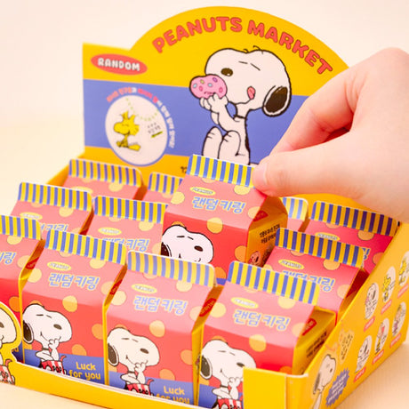 A collection of 12 different Peanuts character acrylic keychains in "Luck For You" blind boxes. The keychains feature Snoopy, Woodstock, Charlie Brown, Lucy, Linus, and Sally.