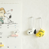 Officially licensed Peanuts plush keychains featuring the faces of Snoopy and Woodstock attached to a white ball chain.