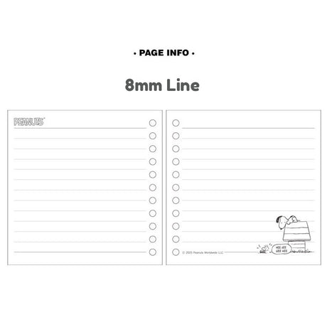 An overhead shot showing inside of the officially licensed Peanuts spiral notebooks with lined notes and illustration of Snoopy and Woodstock.