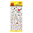 An officially licensed Peanuts Snoopy sticker sheet featuring over 30 stickers of Snoopy and Woodstock in various sizes. Illustrations include Snoopy hugging a heart, playing a trumpet, and lifting weights.