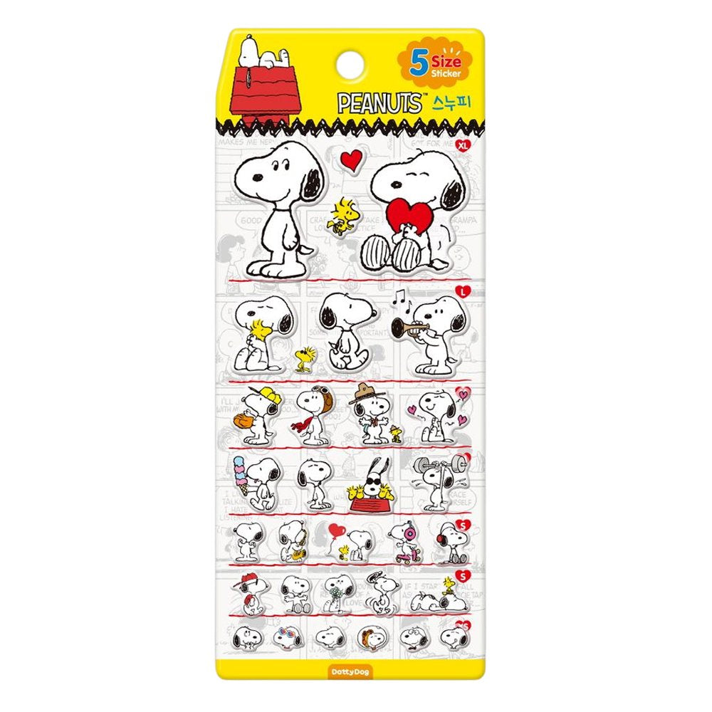 An officially licensed Peanuts Snoopy sticker sheet featuring over 30 stickers of Snoopy and Woodstock in various sizes. Illustrations include Snoopy hugging a heart, playing a trumpet, and lifting weights.