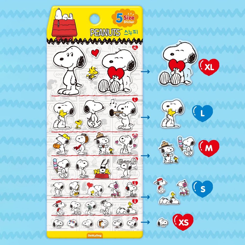 An officially licensed Peanuts Snoopy sticker sheet featuring over 30 stickers of Snoopy and Woodstock in various sizes. Illustrations include Snoopy hugging a heart, playing a trumpet, and lifting weights.