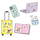 An officially licensed Peanuts Snoopy sticker sheet featuring over 30 stickers of Snoopy and Woodstock in various sizes. Illustrations include Snoopy hugging a heart, playing a trumpet, and lifting weights.