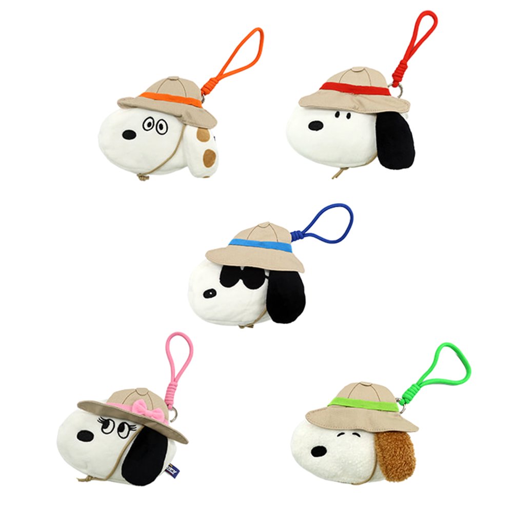 An officially licensed collection of five Peanuts character Camp House mini plush pouches in safari hats, including Snoopy, Belle, Olaf, Marbles, and Andy. Each character features a unique color-coded hat band and matching hanging loop.