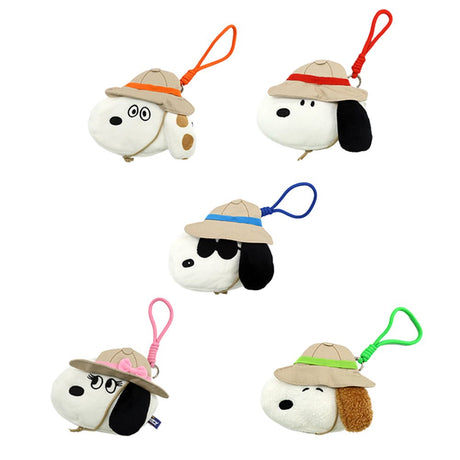 An officially licensed collection of five Peanuts character Camp House mini plush pouches in safari hats, including Snoopy, Belle, Olaf, Marbles, and Andy. Each character features a unique color-coded hat band and matching hanging loop.