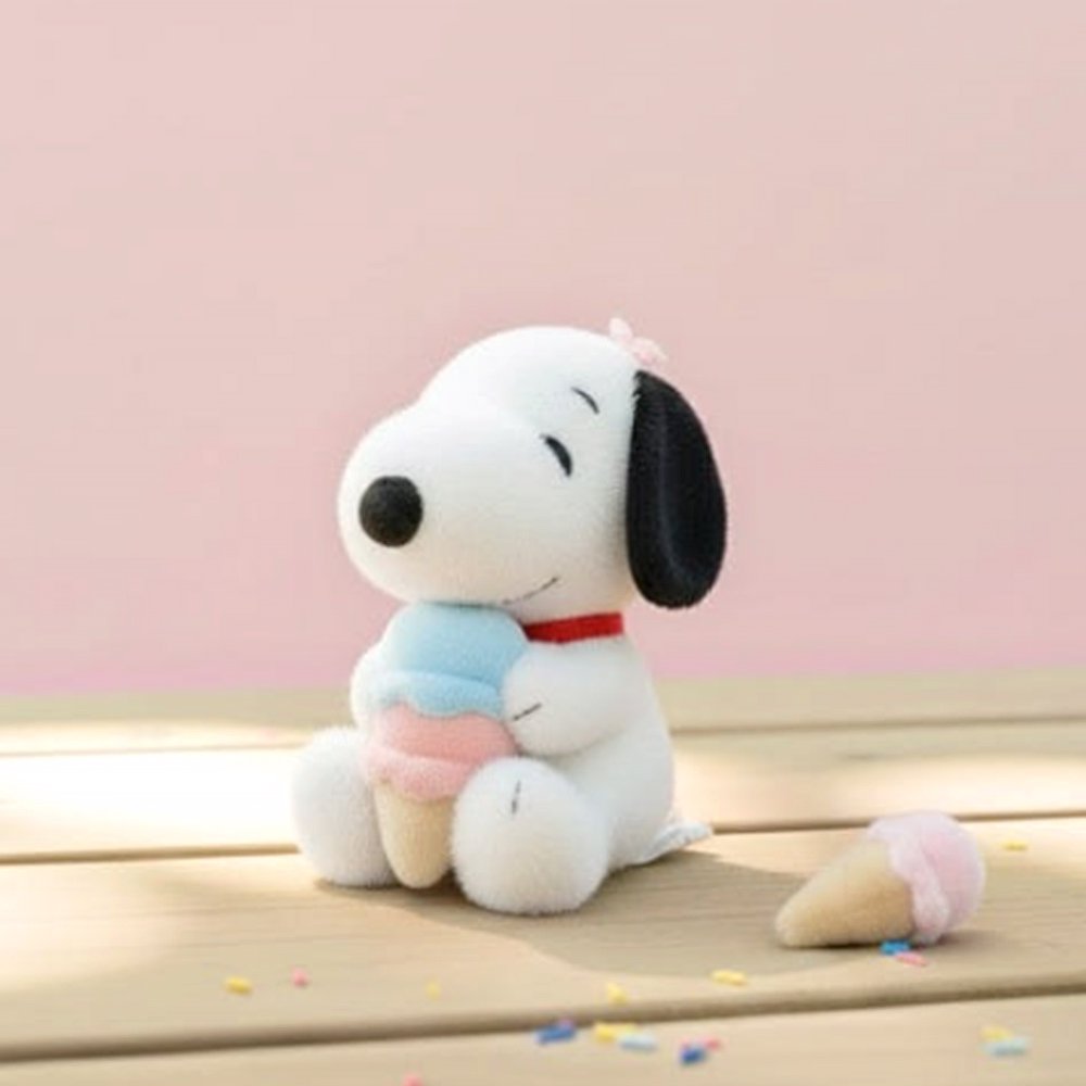 Officially licensed Peanuts Plush Snoopy keychain in a seated pose, holding a colorful ice cream cone