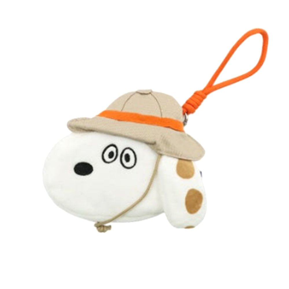Featuring officially licensed Peanuts plush mini pouch in the shape of the character Marbles' face, wearing a tan safari hat with a orange cord loop for hanging.