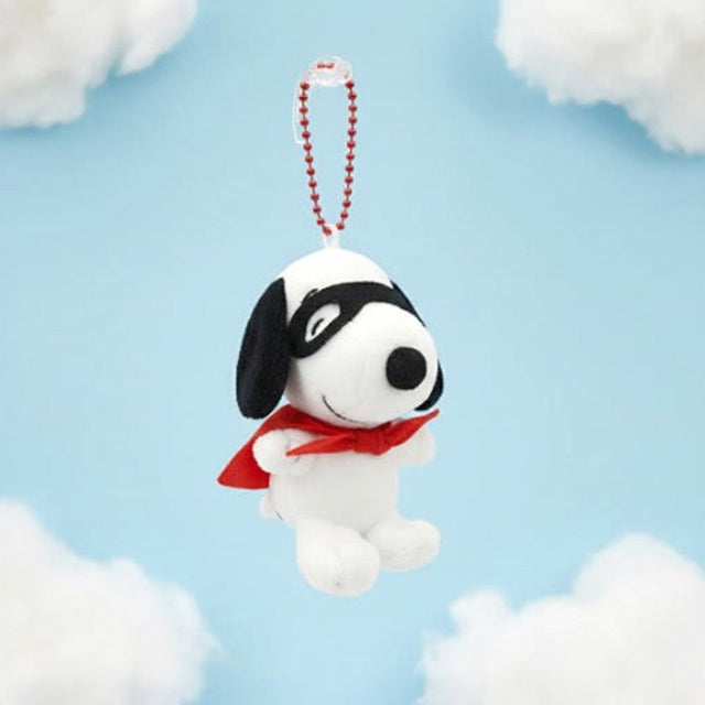 Officially licensed Peanuts Plush Snoopy keychain dressed as a superhero with a black mask and red cape