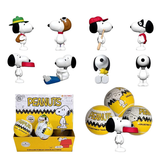 Officially licensed Peanuts surprise capsule figures, featuring an array of eight different Snoopy mini figures hidden in mystery blind capsules
