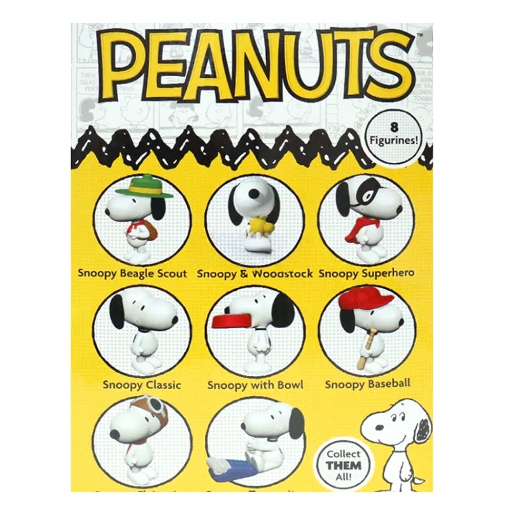 Officially licensed Peanuts surprise capsule figures, featuring an array of eight different Snoopy mini figures hidden in mystery blind capsules