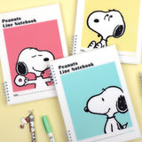 Three officially licensed Peanuts line notebooks with translucent covers in soft hues of pink, yellow, and green, each featuring a large illustration of Snoopy. The interior view shows 8mm ruled pages with small Snoopy graphics at the top and bottom corners.
