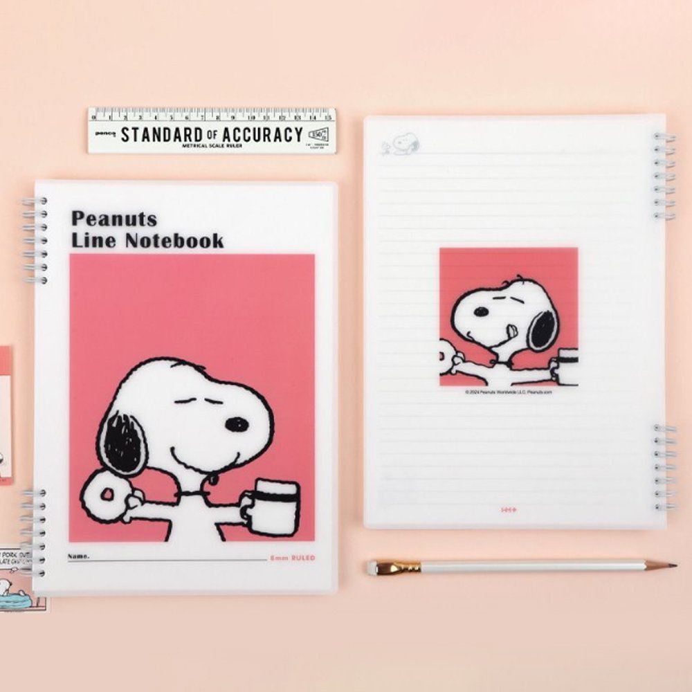 Three officially licensed Peanuts line notebooks with translucent covers in soft hues of pink, yellow, and green, each featuring a large illustration of Snoopy. The interior view shows 8mm ruled pages with small Snoopy graphics at the top and bottom corners.
