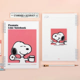 Three officially licensed Peanuts line notebooks with translucent covers in soft hues of pink, yellow, and green, each featuring a large illustration of Snoopy. The interior view shows 8mm ruled pages with small Snoopy graphics at the top and bottom corners.
