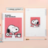 Three officially licensed Peanuts line notebooks with translucent covers in soft hues of pink, yellow, and green, each featuring a large illustration of Snoopy. The interior view shows 8mm ruled pages with small Snoopy graphics at the top and bottom corners.

