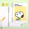 Three officially licensed Peanuts line notebooks with translucent covers in soft hues of pink, yellow, and green, each featuring a large illustration of Snoopy. The interior view shows 8mm ruled pages with small Snoopy graphics at the top and bottom corners.
