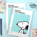 Three officially licensed Peanuts line notebooks with translucent covers in soft hues of pink, yellow, and green, each featuring a large illustration of Snoopy. The interior view shows 8mm ruled pages with small Snoopy graphics at the top and bottom corners.
