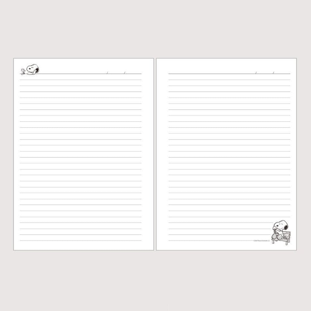 Three officially licensed Peanuts line notebooks with translucent covers in soft hues of pink, yellow, and green, each featuring a large illustration of Snoopy. The interior view shows 8mm ruled pages with small Snoopy graphics at the top and bottom corners.
