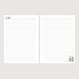 Three officially licensed Peanuts line notebooks with translucent covers in soft hues of pink, yellow, and green, each featuring a large illustration of Snoopy. The interior view shows 8mm ruled pages with small Snoopy graphics at the top and bottom corners.

