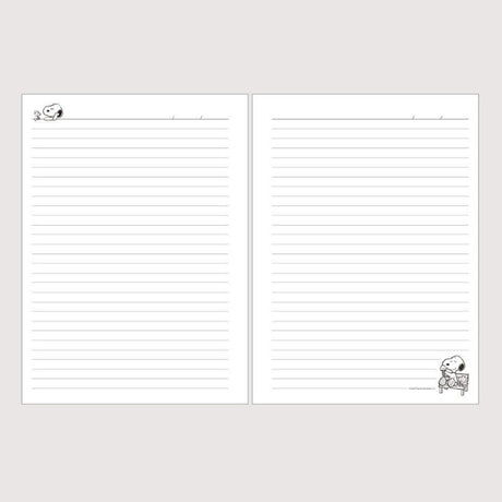 Three officially licensed Peanuts line notebooks with translucent covers in soft hues of pink, yellow, and green, each featuring a large illustration of Snoopy. The interior view shows 8mm ruled pages with small Snoopy graphics at the top and bottom corners.

