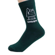 A pair of crew-length socks in green. Features a white embroidered graphic of Snoopy sleeping on top of his doghouse with "SNOOPY" text below.